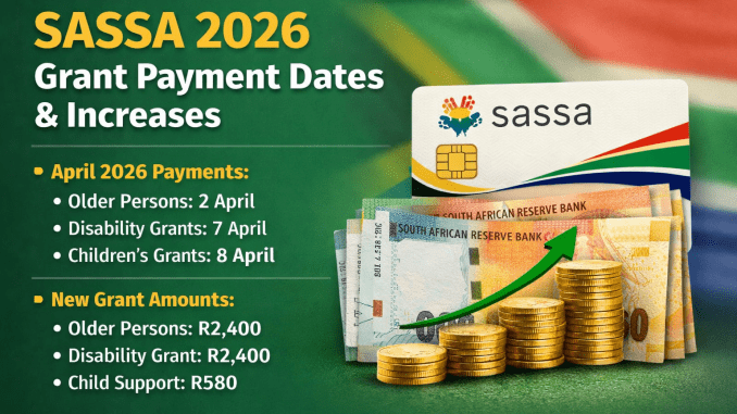 SASSA 2026 grant payment dates and increased grant amounts displayed with South African currency and SASSA card