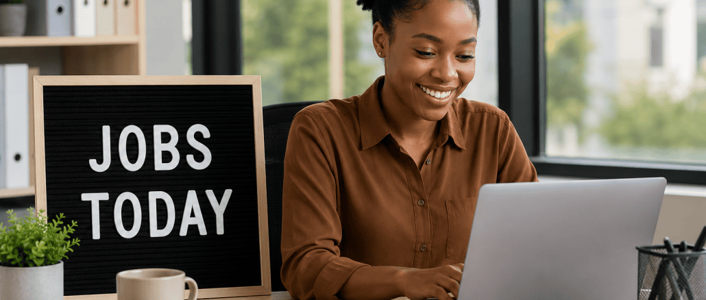 Jobs today featured image showing a professional South African job seeker working on a laptop in a modern office