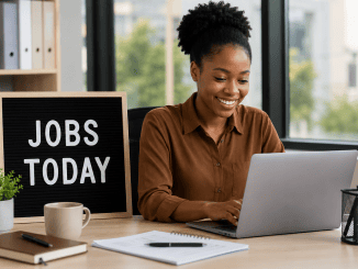 Jobs today featured image showing a professional South African job seeker working on a laptop in a modern office