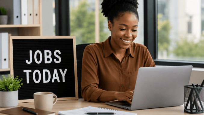 Jobs today featured image showing a professional South African job seeker working on a laptop in a modern office