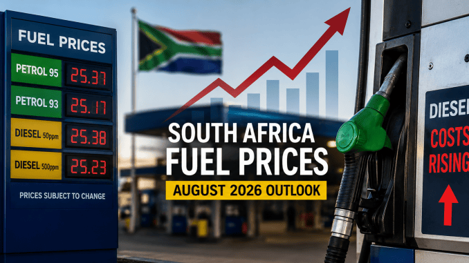 South Africa fuel prices outlook showing a petrol pump and rising diesel costs ahead of August 2026