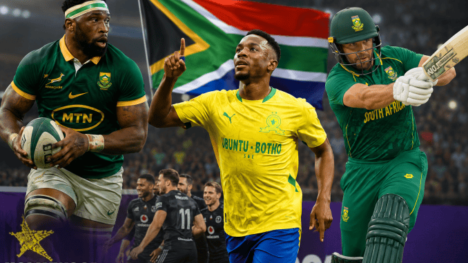 Sports today: South African rugby, football and cricket players in action during a sports montage with the national flag in the background, representing the biggest sports stories in South Africa on 22 July 2026.