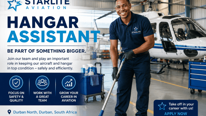 Hangar Assistant working around aircraft inside an aviation hangar in Durban.