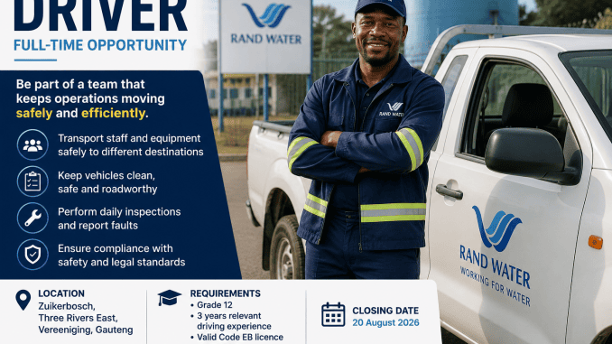 Professional Driver preparing a work vehicle at Rand Water's operations site in Vereeniging, Gauteng.