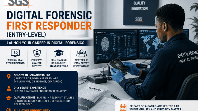 Entry-level Digital Forensic First Responder working on a computer during a digital forensic investigation at SGS.