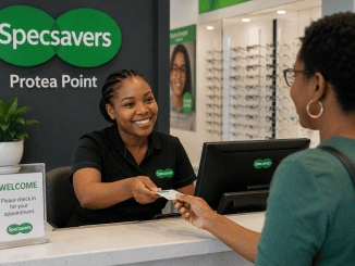 Frontliner assisting a patient at the reception desk of an optometry practice in Protea North, Soweto.