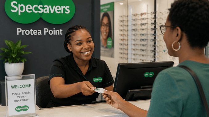 Frontliner assisting a patient at the reception desk of an optometry practice in Protea North, Soweto.