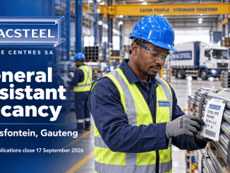 Macsteel General Assistant checking labelled steel materials inside an Elandsfontein warehouse.