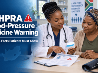 South African patient discussing SAHPRA’s blood-pressure medicine warning with a healthcare professional at a public clinic.