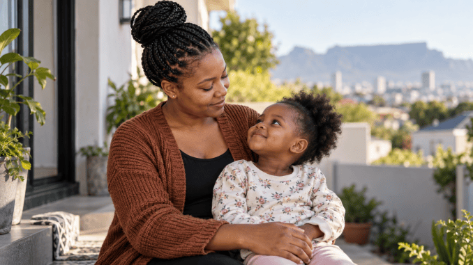 South African birth rate decline: mother sharing a warm moment with her child.
