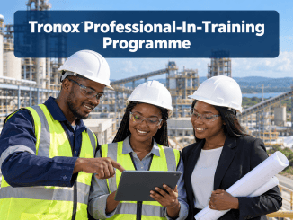 Three South African graduates collaborating at an industrial processing facility during the Tronox Professional-In-Training Programme.